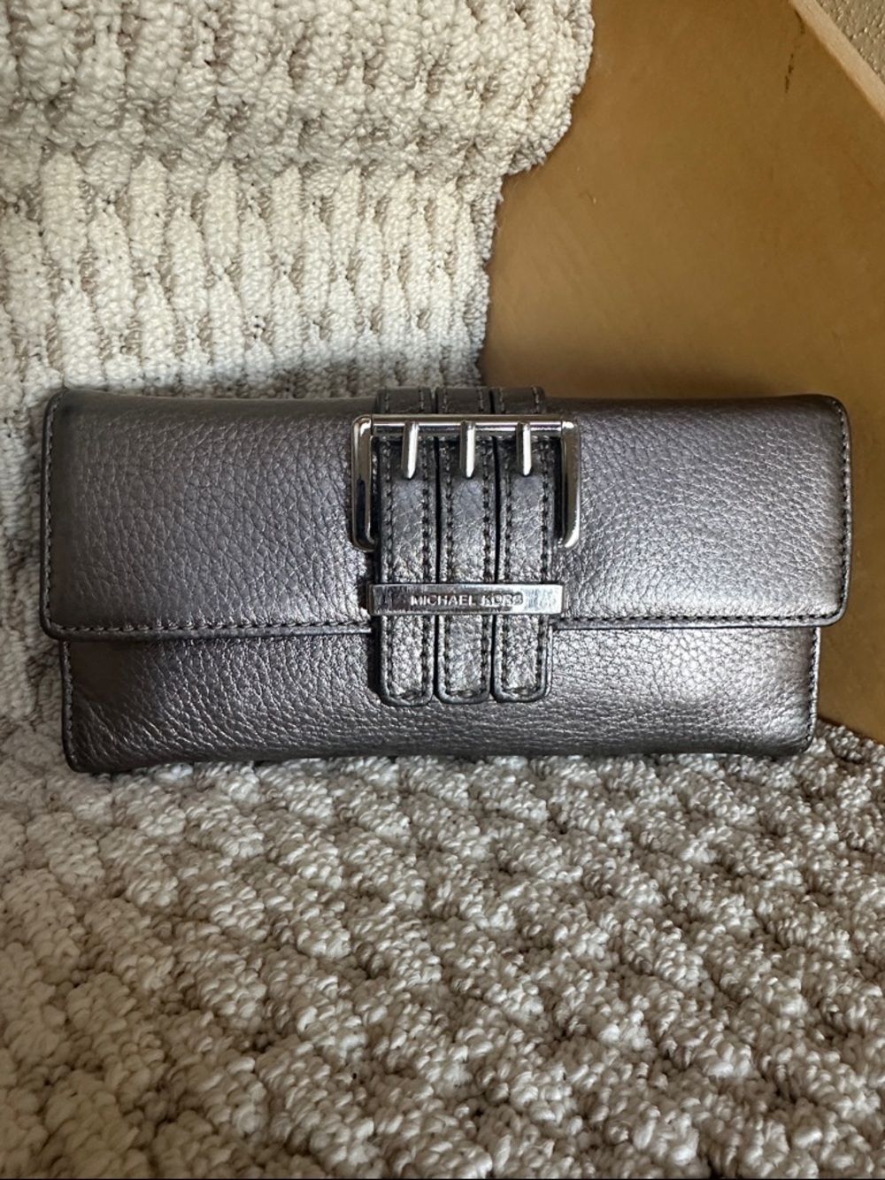 Michael Kors Metallic Pewter Leather Clutch Wallet